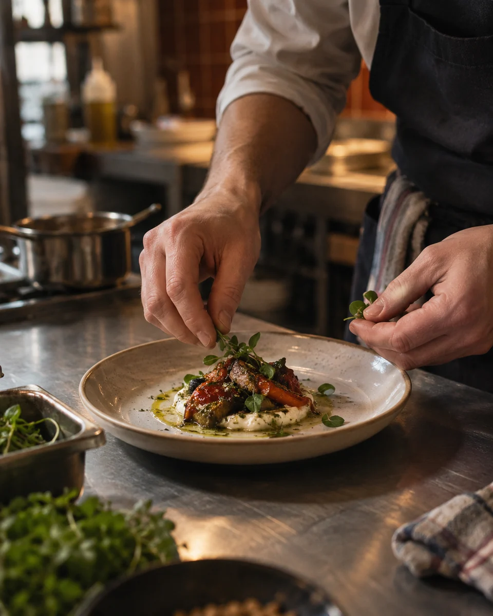 Draft food-production frame showing a chef plating a dish